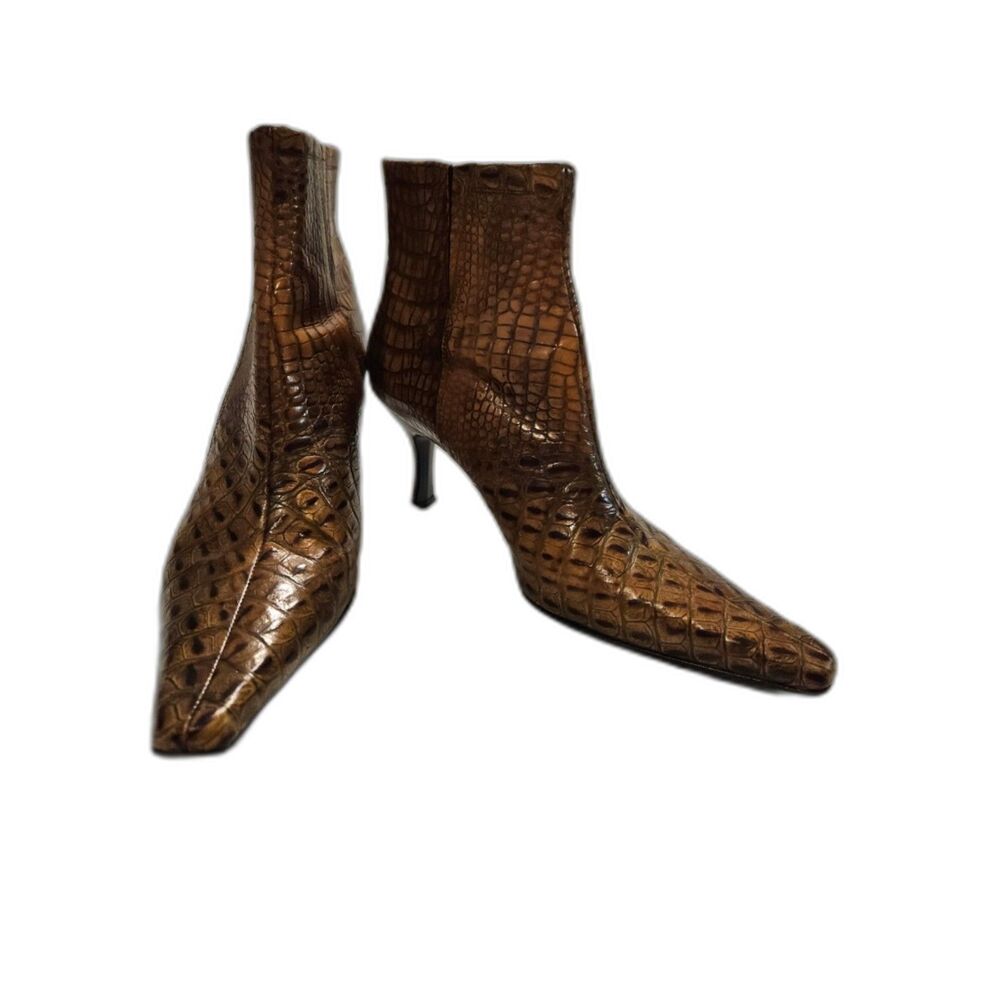 Donald J Pliner Sarra Croc Embossed Leather Boots Pointed Toe Italy 9.5 M Y2K
